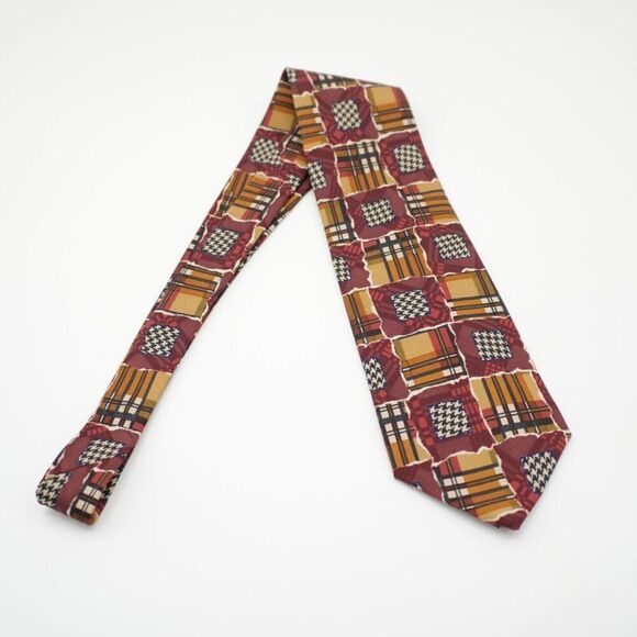 Perry Ellis Handmade Red Yellow Patchwork‎ Plaid Wide Print Silk Tie - Picture 8 of 8